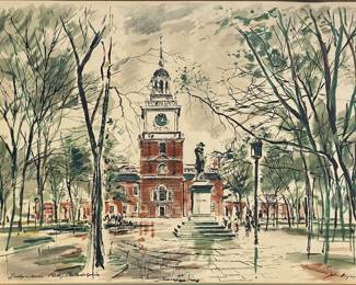 John Huymsom, Independence Hall, Philadelphia, 20th Century, Watercolor On Canvas 