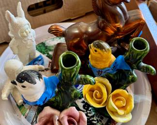 Mixed lot of small ceramic figures, including a brown rearing horse, bird bud vases with yellow and pink roses, and two snow-baby style children.