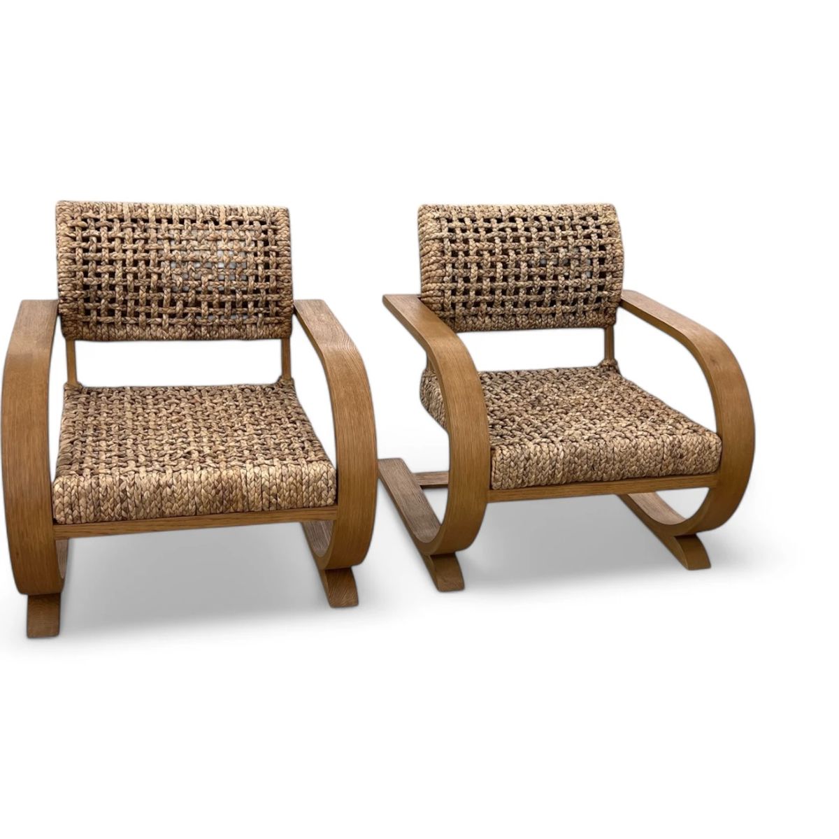 Restoration Hardware pair of wood and rope arm chairs.  Brand new.  $900 firm for pair.
