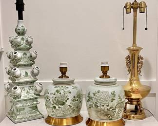 Assorted hand painted green and white Chinese lamps, tulipiere-turned lamp, and vintage brass dragon lamp