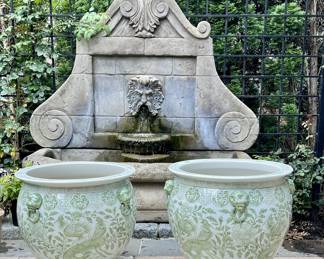 Large Hand Painted Green and White Planters, Biard and Floral Motif with Foo Dog Handles, Jingdezhen, 21W x 21D x 23"H