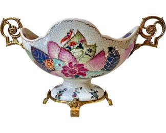 Tobacco Leaf Motif Centerpiece Decorative Bowl, Porcelain and Bronze, 16W x 8D x 9H