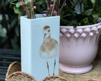 Assorted ceramic vases, cache pots in nautical, bird, and animal motifs