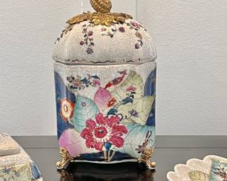 Tobacco Leaf Motif Lidded Square Porcelain Urn with Acorn Finial, Porcelain and Bronze, 6W x 5D x 10H