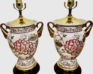 Pair of peony motif handled lamps
