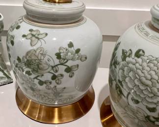 Assorted hand painted green and white Chinese lamps, tulipiere-turned lamp, and vintage brass dragon lamp