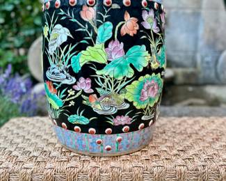 Vintage Famille noire garden stool with crane and lotus motif, hand painted