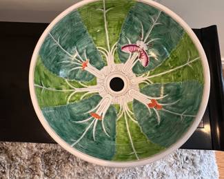 Beautifully hand-painted porcelain basin in the Bok Choy pattern, with vibrant green leaves and orchid motifs inside and out. Originally designed as a sink basin but works perfectly as a large centerpiece bowl or orchid planter. Made in Jingdezhen, China.