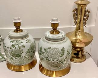 Assorted hand painted green and white Chinese lamps, tulipiere-turned lamp, and vintage brass dragon lamp