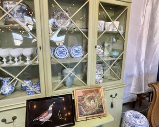 1930s Bubble Glass China Cabinet, Original Mint Green Finnish, 2 pieces, Overall 58"W x 17"D x 82"H