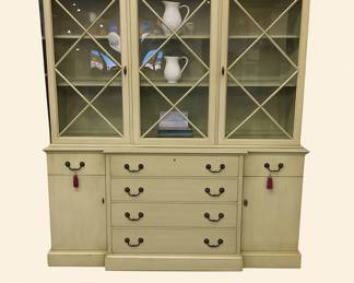 1930s Bubble Glass China Cabinet, Original Mint Green Finnish, 2 pieces, Overall 58"W x 17"D x 82"H