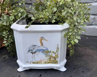 Assorted ceramic vases, cache pots in nautical, bird, and animal motifs