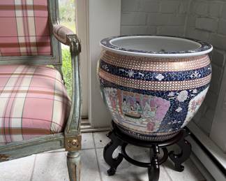 Vintage large koi fish bowl planter with stand, famille rose medallion