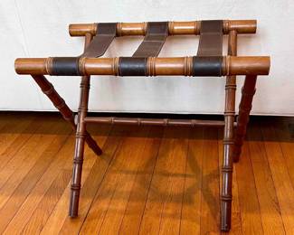 Vintage Faux bamboo wood and leather luggage holder.