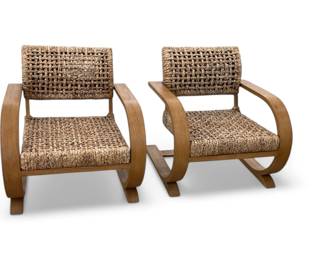 Restoration Hardware pair of wood and rope arm chairs.  Brand new.  $900 firm for pair.