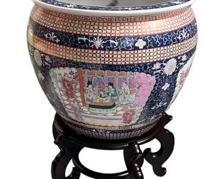 Vintage large koi fish bowl planter with stand, famille rose medallion