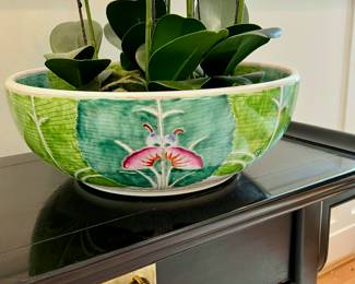 Beautifully hand-painted porcelain basin in the Bok Choy pattern, with vibrant green leaves and orchid motifs inside and out. Originally designed as a sink basin but works perfectly as a large centerpiece bowl or orchid planter. Made in Jingdezhen, China.