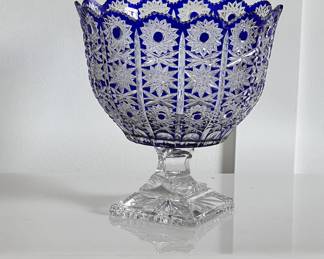 Bohemian hand cut cobalt to clear display bowl