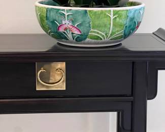 Beautifully hand-painted porcelain basin in the Bok Choy pattern, with vibrant green leaves and orchid motifs inside and out. Originally designed as a sink basin but works perfectly as a large centerpiece bowl or orchid planter. Made in Jingdezhen, China.
