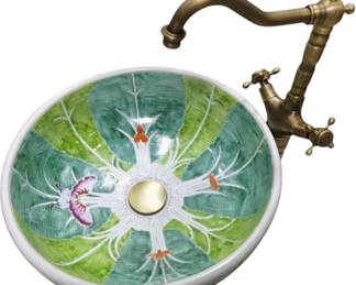 Beautifully hand-painted porcelain basin in the Bok Choy pattern, with vibrant green leaves and orchid motifs inside and out. Originally designed as a sink basin but works perfectly as a large centerpiece bowl or orchid planter. Made in Jingdezhen, China.