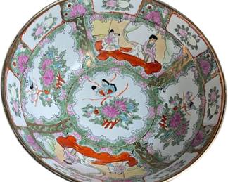 Famille rose decorative bowl, hand painted vintage with wooden base