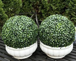 Pair of white fluted round cache pots (faux topiaries not included)