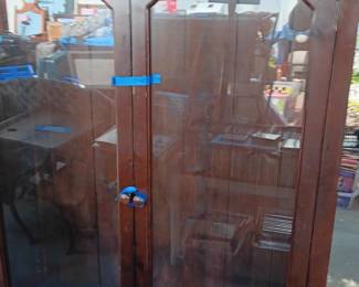 Vintage Wooden Display Case two pcs. Top Three Shelves with Glass Doors, Bottom Wood Doors with One Shelf.