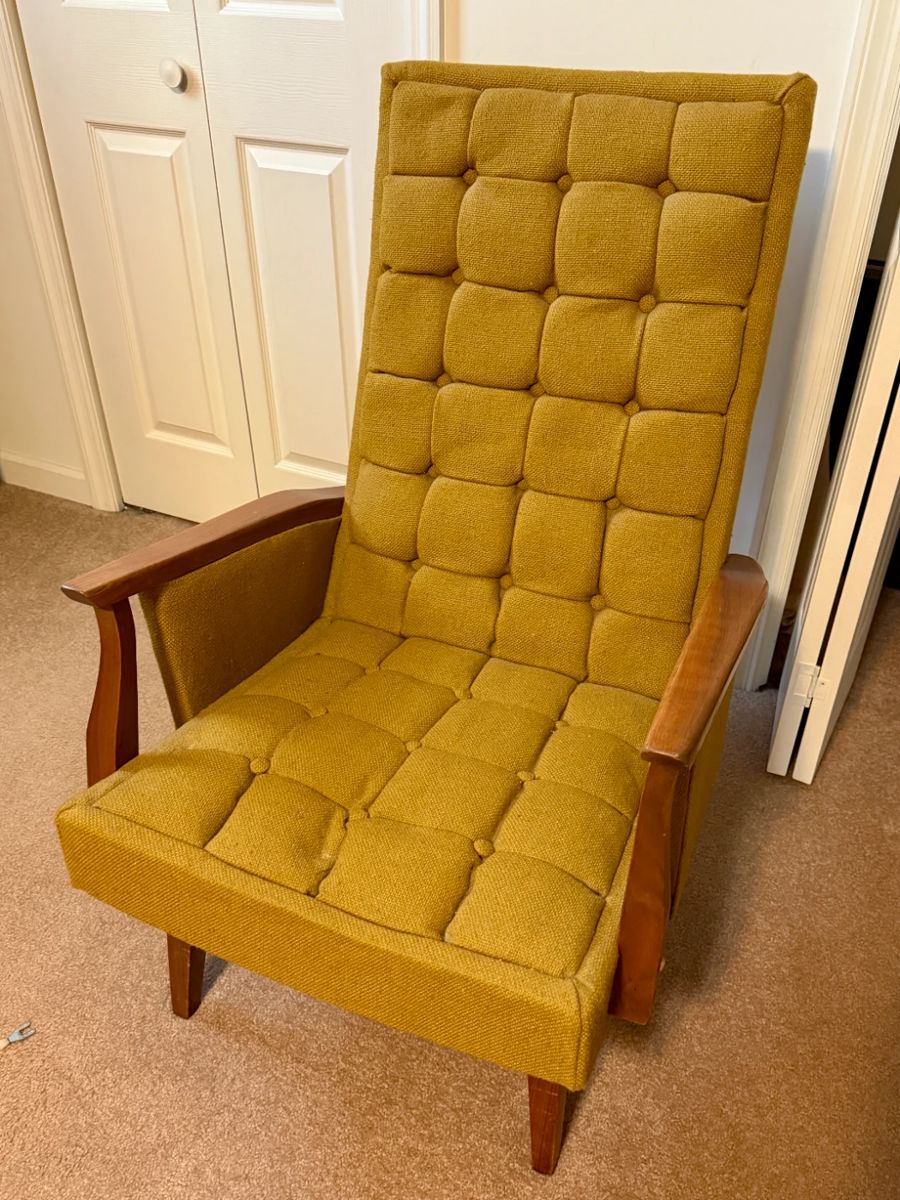 MCM mustard colored tufted glider armchair
