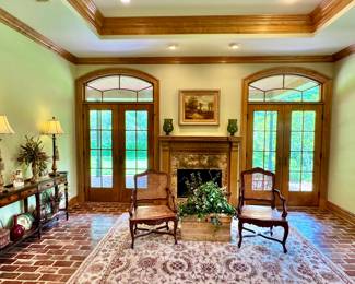 Pair of Louis XV style caned chair, antique pine trunk