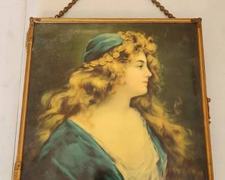 Antique three panel celluloid vanity mirror, hanging or standing, with portraits of beautiful women