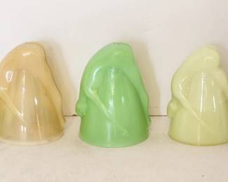 RARE 1930s McKee Glass Bottoms Up Tumblers. The two jadite and the caramel ones have patent dates.