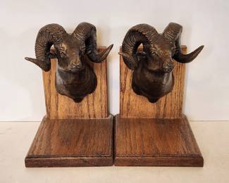 1988 Rousu bronze sculpture bookends with bighorn rams heads