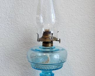Blue EAPG pressed glass kerosene lamp