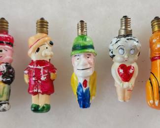 Antique Christmas comic character lightbulbs Jiminy Crickets, Betty Boop, Dick Tracy,Pinocchio and Sandy (Little Orphan Annie's dog).