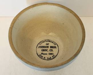 RARE Advertising mixing bowl from Casper, Wyoming. Blue & White Greek Key stoneware.