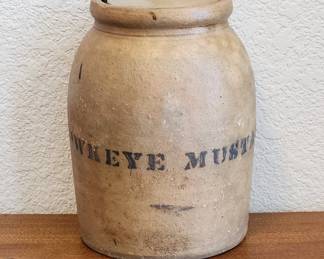 Early Hawkeye Mustard stoneware covered crock
