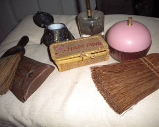 Pewter art nouveau ink well   horsehair clothes brush with leather holder and more