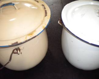 Blue and white and cream and blue chamber pots