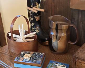 Hand painted boxes, decorative boot and basket