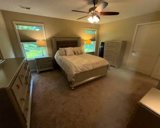 NEW LUXURY QUEEN 8 PIECE QUALITY BEDROOM SET PLATINUM FINISH. INCLUDES QUEEN SIZE PILLOWTOP MATTRESS WITH HEADBOARD, FOOT BOARD AND SIDERAILS, DRESSER AND MIRROR, CHEST AND VANITY WITH MIRROR AND BENCH, LAMPS AND COMFORTER INCLUDED.
