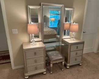 NEW VANITY WITH MATCHING MIRROR, BENCH AND LAMPS,