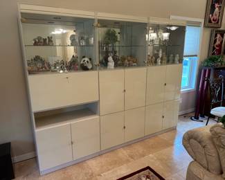 3 PIECE CURIO WITH LIGHTED MIRRORED BACK. FOLD OUT SHELF GREAT FOR DESK OR LAPTOP, GREAT STORAGE AND DISPLAY CABINET