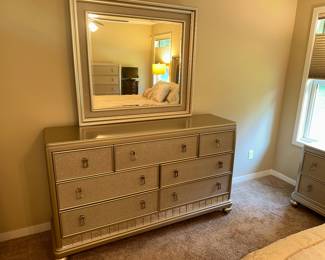 7 DRAWER DRESSER WITH MATCHING MIRROR. PLATINUM FINISH