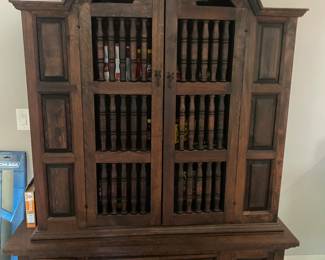 Spanish cabinet, dark stained pine, three drawers with shelves inside