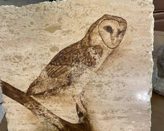 Stone carved owl signed