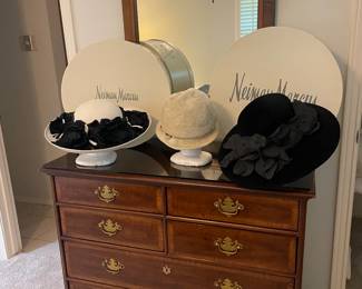 Vintage  Henredon 18t Century Portfolio with inlaid flame walnut wood, six drawers and brass Chippendale style pulls. Vintage Neiman Marcus hats. Most only worn once. (middle hat is not available) 