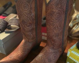 Fabulous handmade Carrie Cameron custom boots. Carrie Cameron is a visual artist and designer of the Cock of the Walk line of boots, corsets and leather goods