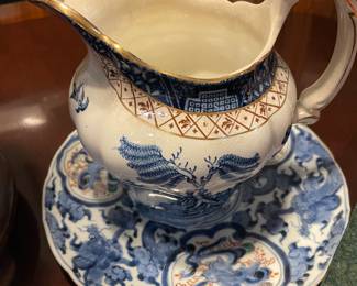 Vintage Booths  OLD WILLOW Milk Water Pitcher Jug Blue White Gold