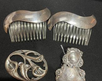 Vintage sterling silver hair combs, Tag and pin