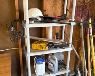 shelving, tools, hard hat